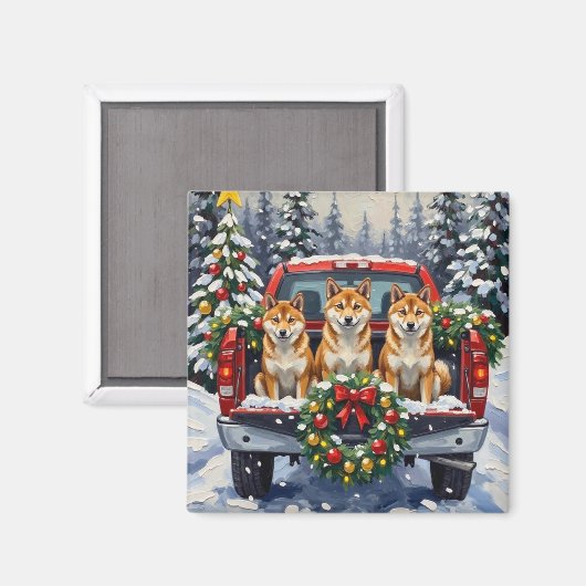 Shiba Inu Christmas Red Truck Holiday マグネット (正面/裏面)