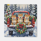 Shiba Inu Christmas Red Truck Holiday マグネット (正面)