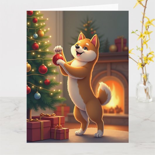 Shiba Inu Decorating the Christmas Tree Painting カード (黄色い花)