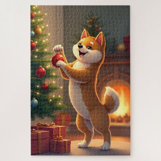 Shiba Inu Decorating the Christmas Tree Painting ジグソーパズル (縦)