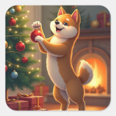Shiba Inu Decorating the Christmas Tree Painting スクエアシール (正面)