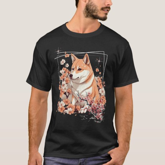 Shiba Inu Dog Japanese Cherry Blossom Sakura Flowe Tシャツ (正面)