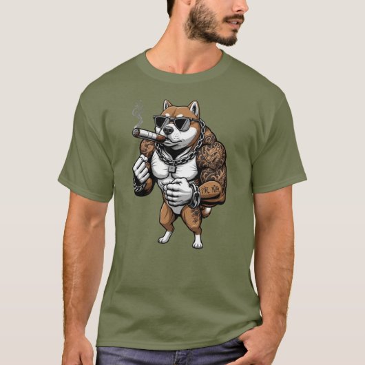 Shiba Inu Dog, muscular, tattooed, bodybuilder  Tシャツ (正面)