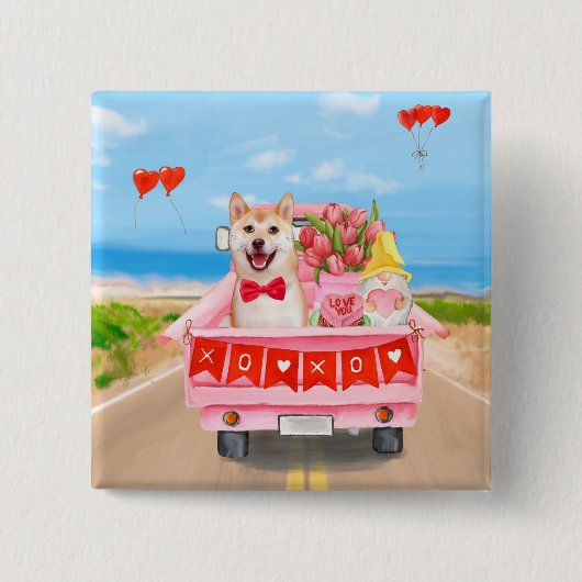 Shiba Inu Dog Valentine's Day Truck Hearts 缶バッジ (正面)