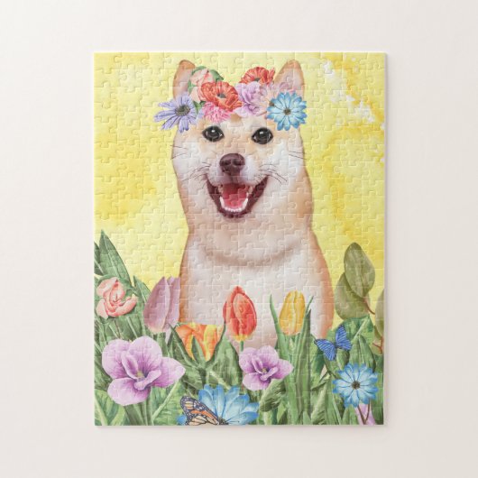 Shiba Inu Dog with Flowers Spring ジグソーパズル (縦)