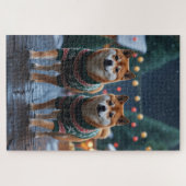 Shiba Inu Dogs Christmas Snow Holiday ジグソーパズル (横)