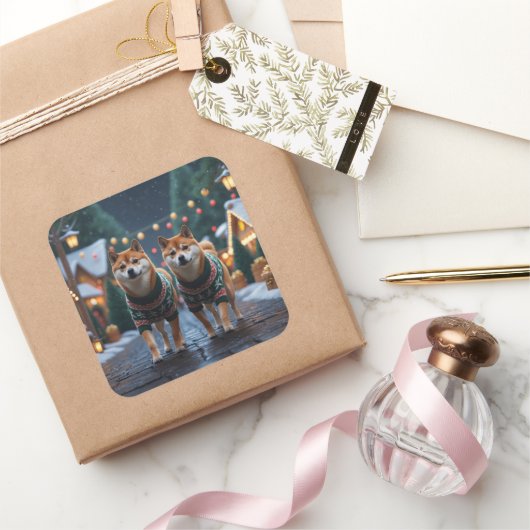 Shiba Inu Dogs Christmas Snow Holiday スクエアシール (ギフト)