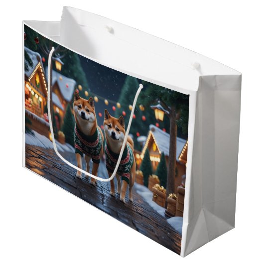 Shiba Inu Dogs Christmas Snow Holiday ラージペーパーバッグ (正面アングル)