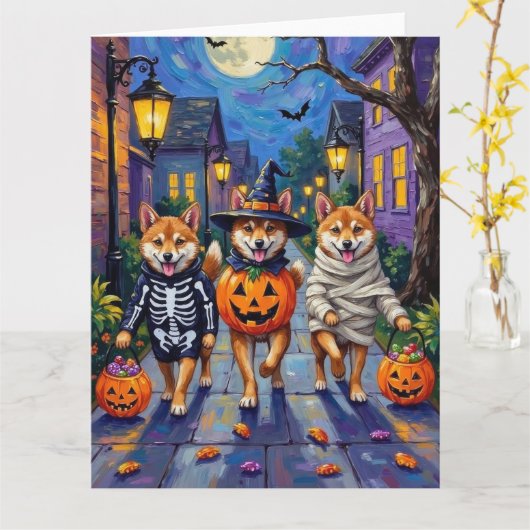Shiba Inu Dogs in Halloween Costumes カード (黄色い花)