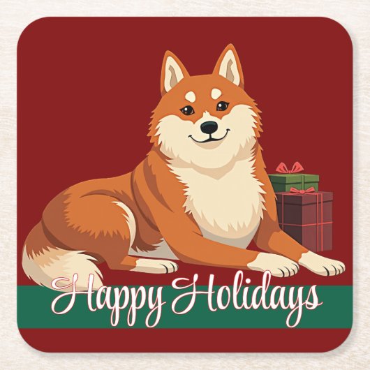 Shiba Inu Happy Holidays Coasters スクエアペーパーコースター (正面)