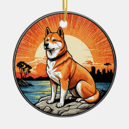 Shiba Inu Retro Sunset Dog Lover セラミックオーナメント