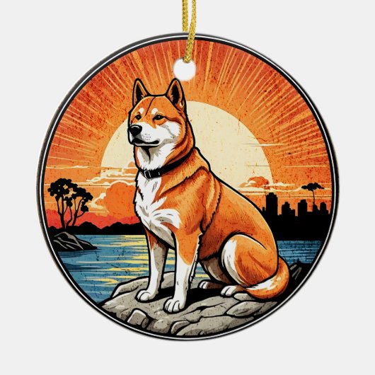 Shiba Inu Retro Sunset Dog Lover セラミックオーナメント (正面)