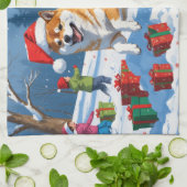 Shiba Inu Running in Snow with Christmas Hat キッチンタオル (折り畳み)