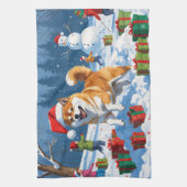 Shiba Inu Running in Snow with Christmas Hat キッチンタオル (縦)