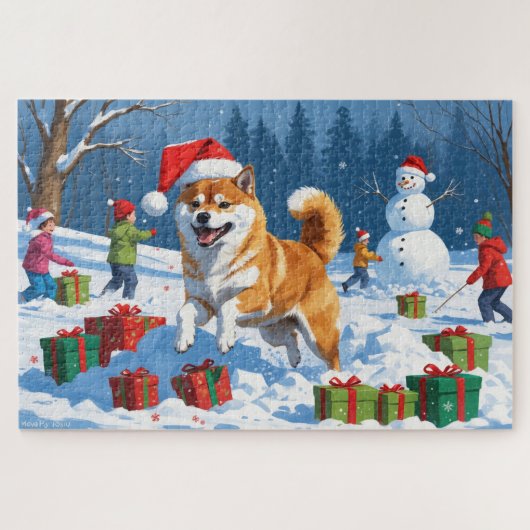 Shiba Inu Running in Snow with Christmas Hat ジグソーパズル (横)