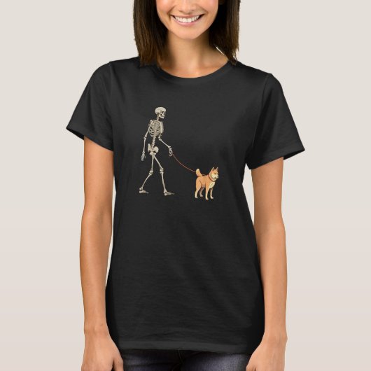 Shiba Inu Skeleton Dog Walking Halloween Dog Tシャツ (正面)