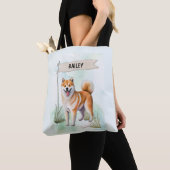Shiba Inu Watercolor Personalized Dog トートバッグ (クローズアップ)
