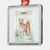 Shiba Inu Watercolor Personalized Dog メタルオーナメント (左)