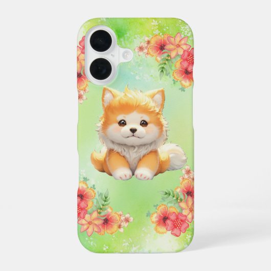 Shiba Inu with Flowers Watercolor Phone Case iPhone 16ケース (裏面)