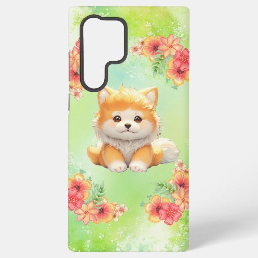 Shiba Inu with Flowers Watercolor Phone Case Samsung Galaxyケース (裏面)