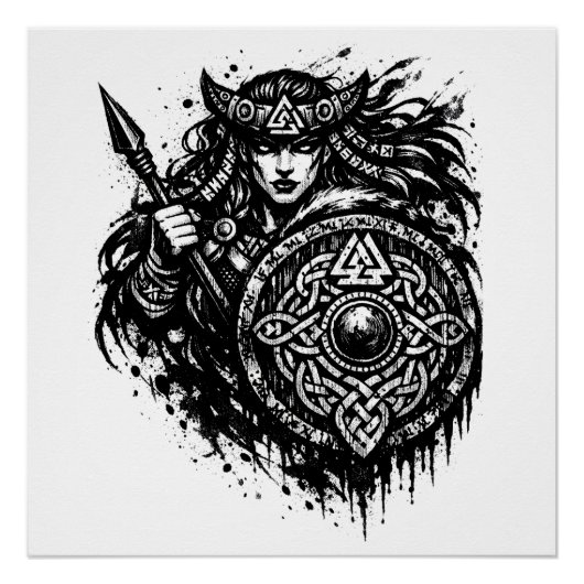 Shield Maiden Spear‑Sigil – Mythic Warrior Ink ポスター (正面)