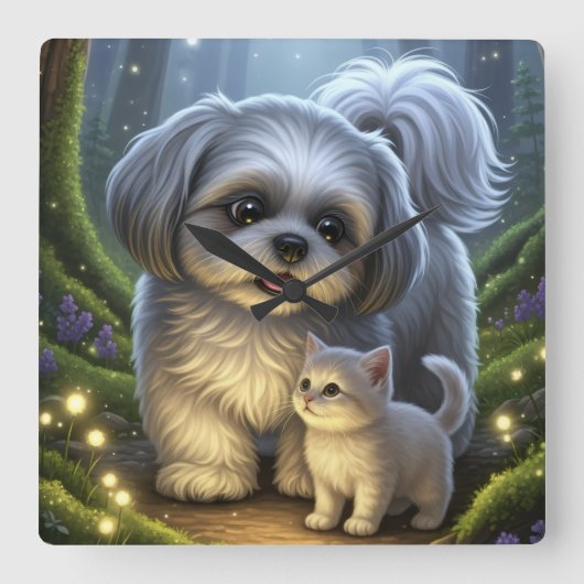 Shih Tzu and the enchanted kitten wall clock スクエア壁時計 (正面)