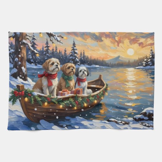 Shih Tzu Christmas Boat Holiday キッチンタオル (横)
