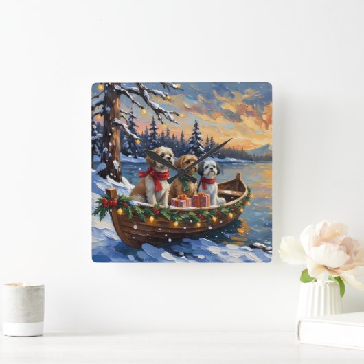 Shih Tzu Christmas Boat Holiday スクエア壁時計 (ホーム)