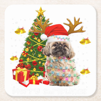 Shih Tzu Christmas Lights Tree | Santa Xmas スクエアペーパーコースター