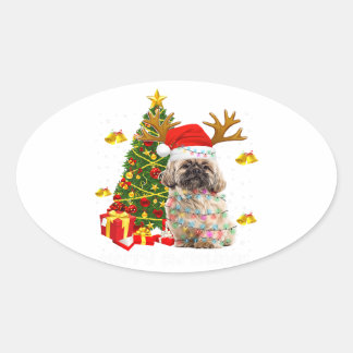 Shih Tzu Christmas Lights Tree | Santa Xmas 楕円形シール