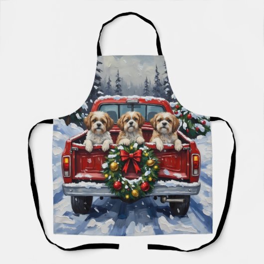 Shih Tzu Christmas Red Truck Holiday エプロン (正面)