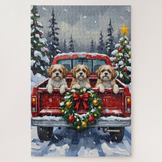 Shih Tzu Christmas Red Truck Holiday ジグソーパズル (縦)