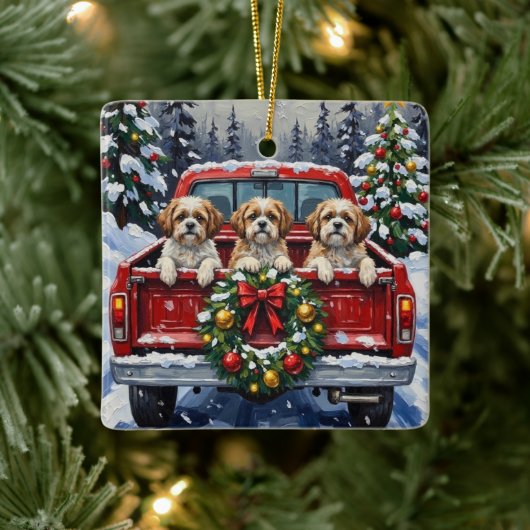 Shih Tzu Christmas Red Truck Holiday セラミックオーナメント (ツリー)