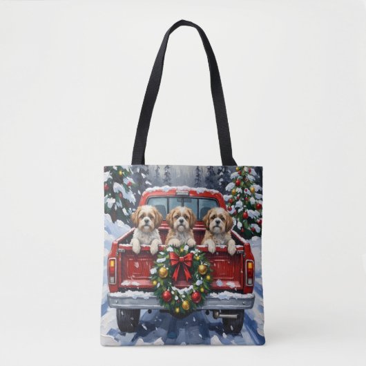 Shih Tzu Christmas Red Truck Holiday トートバッグ (正面)