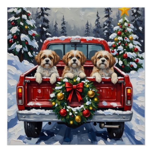 Shih Tzu Christmas Red Truck Holiday ポスター (正面)