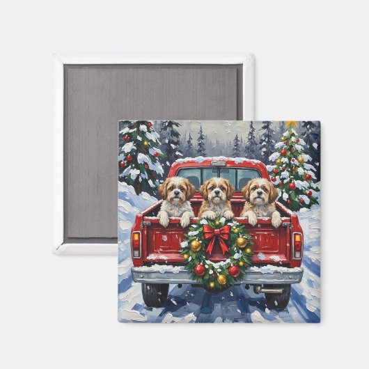 Shih Tzu Christmas Red Truck Holiday マグネット (正面/裏面)