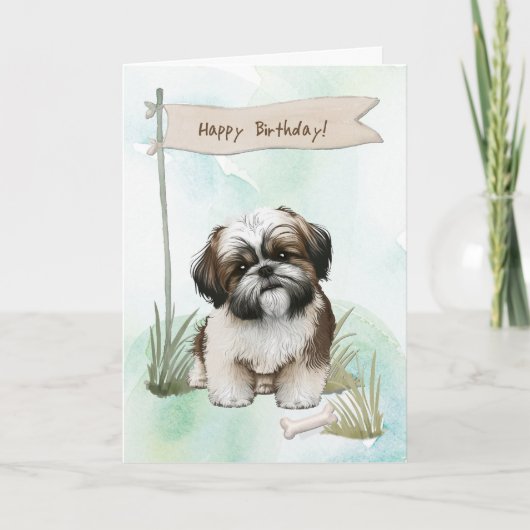 Shih Tzu Dog Breed Outdoors Under Birthday Sign カード (正面)