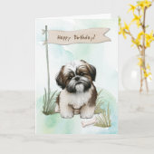 Shih Tzu Dog Breed Outdoors Under Birthday Sign カード (黄色い花)