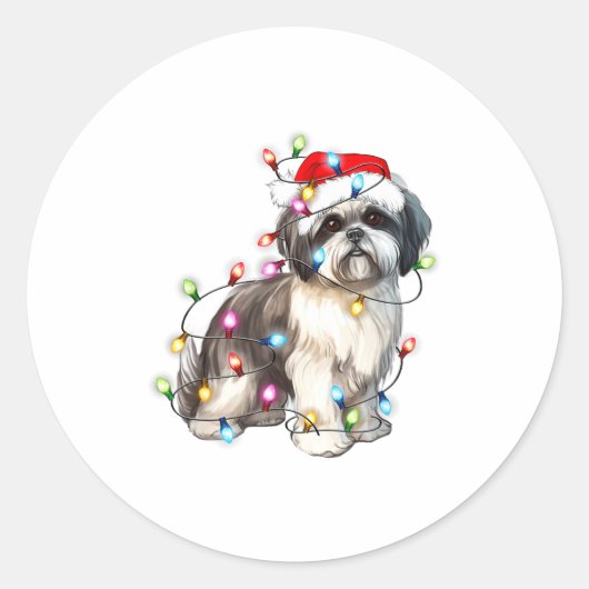Shih Tzu Dog Christmas Lights Xmas Cute  ラウンドシール (正面)