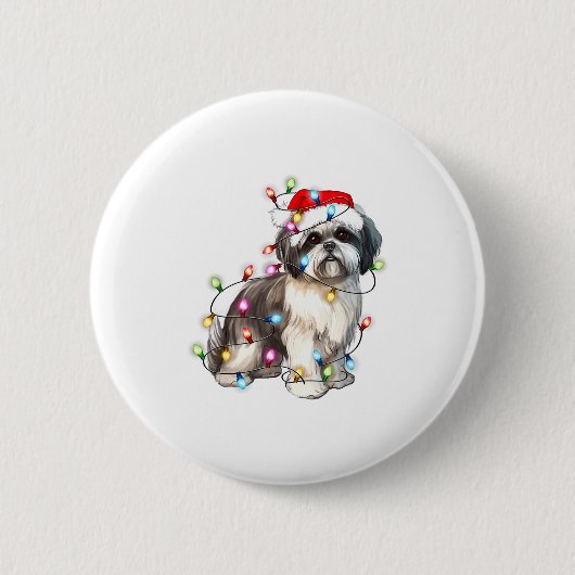 Shih Tzu Dog Christmas Lights Xmas Cute  缶バッジ (正面)