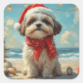 Shih Tzu Dog Christmas Vintage Beach スクエアシール (正面)