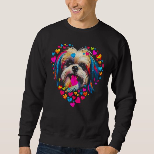Shih Tzu Dog Pink Yellow Blue Heart スウェットシャツ (正面)