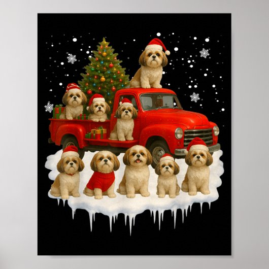 Shih Tzu Dog Red Truck Christmas Tree Santa Ugly X ポスター (正面)