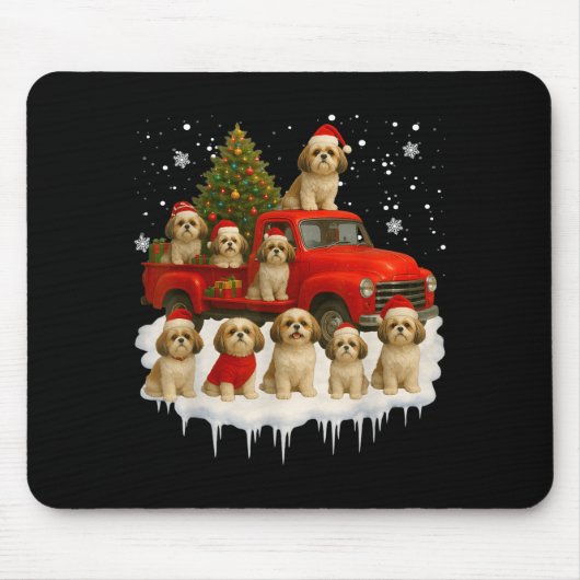 Shih Tzu Dog Red Truck Christmas Tree Santa Ugly X マウスパッド (正面)