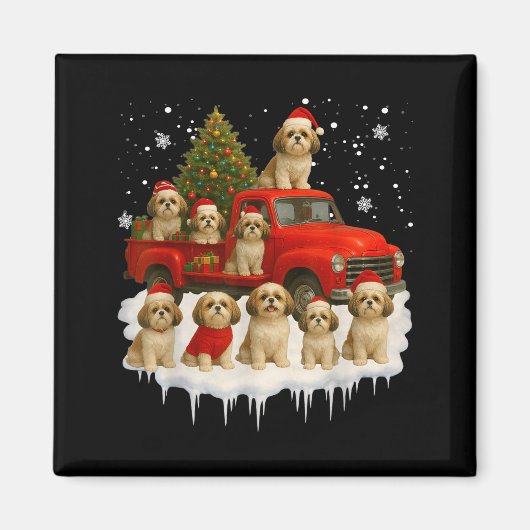 Shih Tzu Dog Red Truck Christmas Tree Santa Ugly X マグネット (正面)