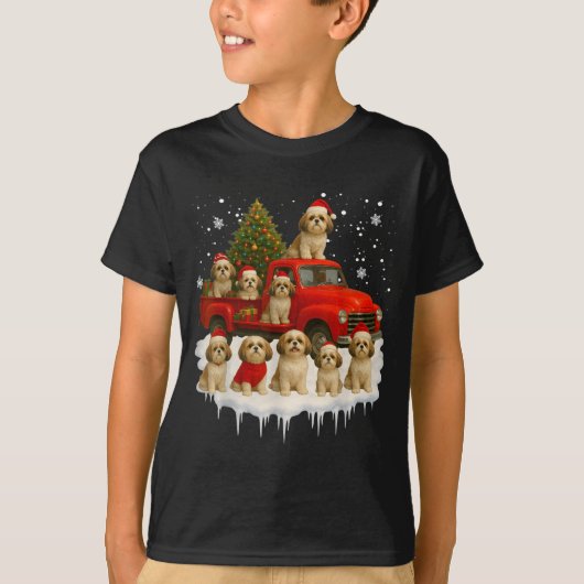 Shih Tzu Dog Red Truck Christmas Tree Santa Ugly X Tシャツ (正面)