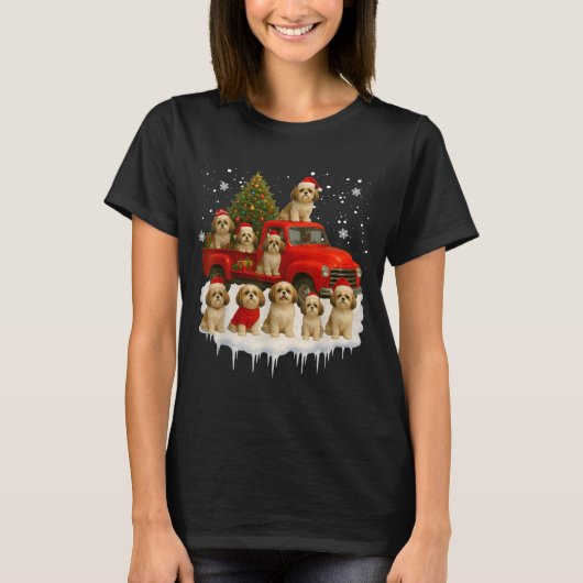 Shih Tzu Dog Red Truck Christmas Tree Santa Ugly X Tシャツ (正面)