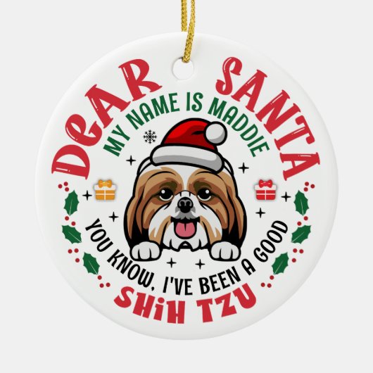 Shih Tzu Dog Santa Personalized Christmas Tree セラミックオーナメント (正面)