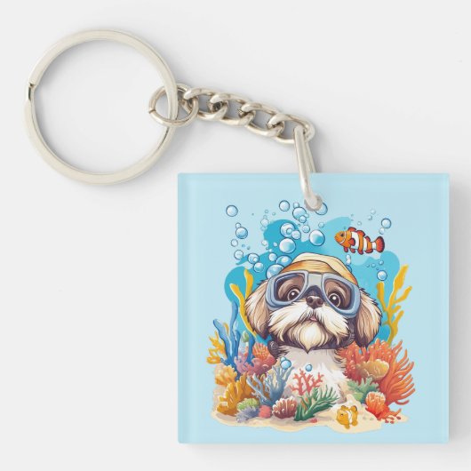 Shih Tzu Dog Snorkeling Coral Reef キーホルダー (正面)