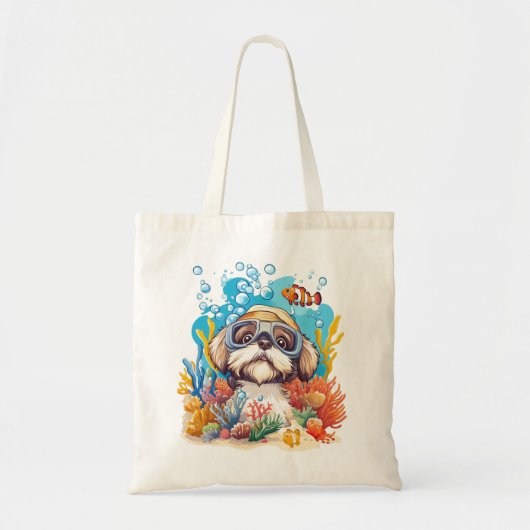 Shih Tzu Dog Snorkeling Coral Reef トートバッグ (正面)